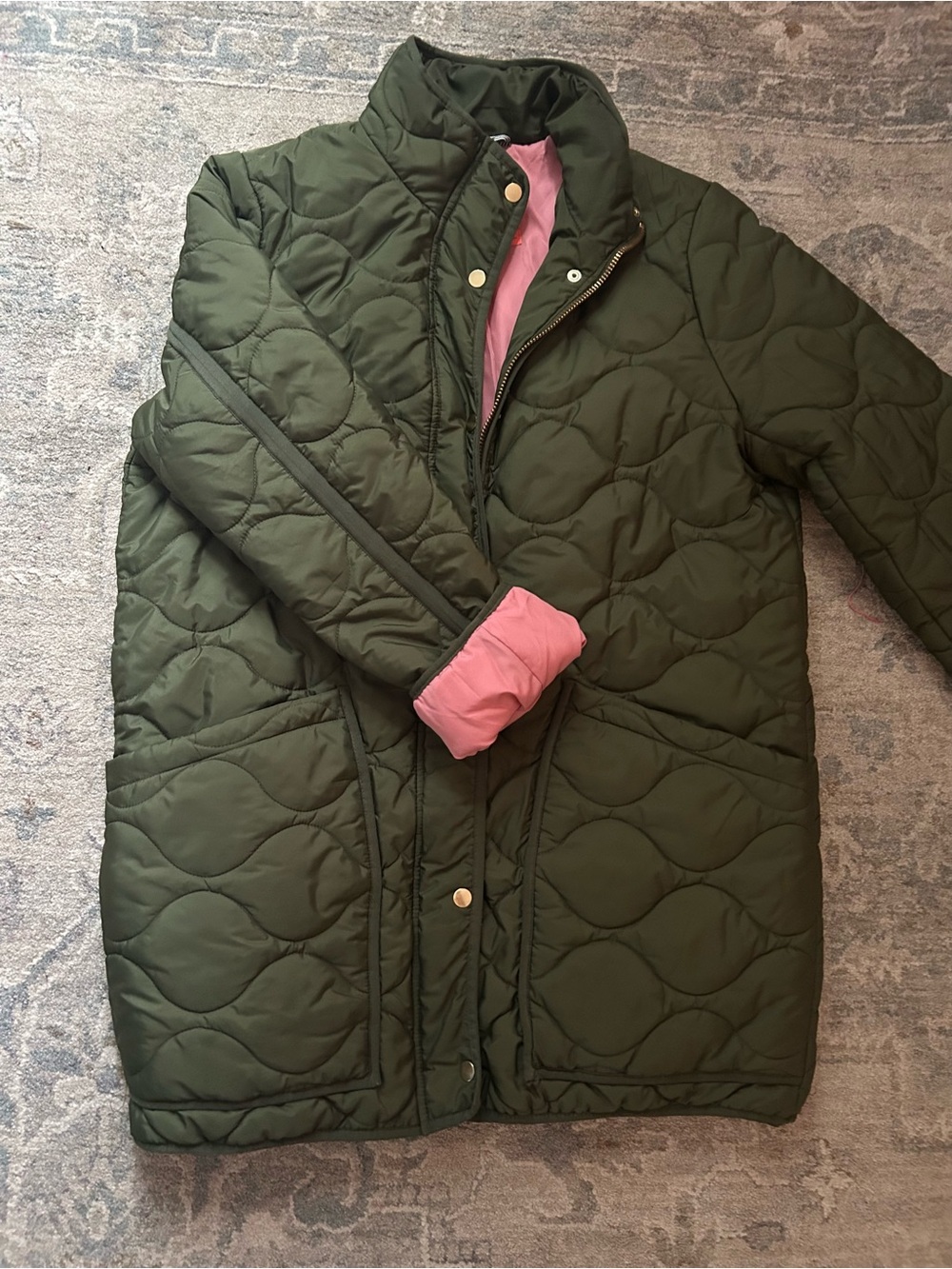 J. Crew Signature Puffer Olive Green Quilted Cocoon Coat with Pink Lining L Tall